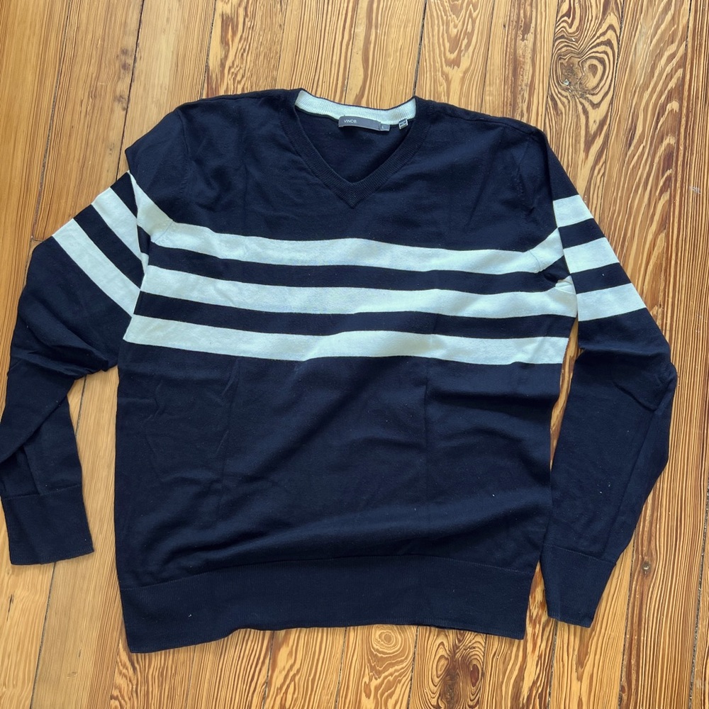 Vince Women’s V-Neck Sweater Pullover Navy Cream Stripes Large